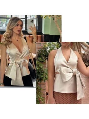 Zara satin Bow tie cut-out side opening halter top V-neck in soft gold Sz L NWT